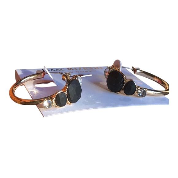 Isaac Mizrahi NWT Gold Tone Clear Rhinestones Black Stones Hoop Earrings - Picture 7 of 10